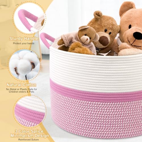 Pink Laundry Basket,20''x13''Woven Cotton Rope Laundry Hamper,Large Blanket Basket for Living Room,Baby Baskets,Kids Toy Storage Basket for Organizing,Woven basket,Clothes Hamper,Room Decor - Image 6