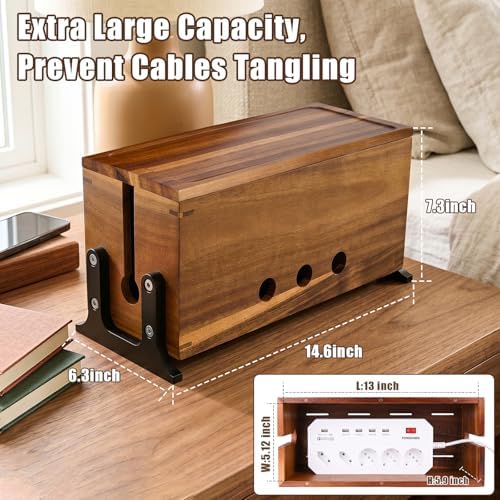 Extra Large Acacia Wood Cable Management Box, Pet Child Safe Cord Hider - Image 2