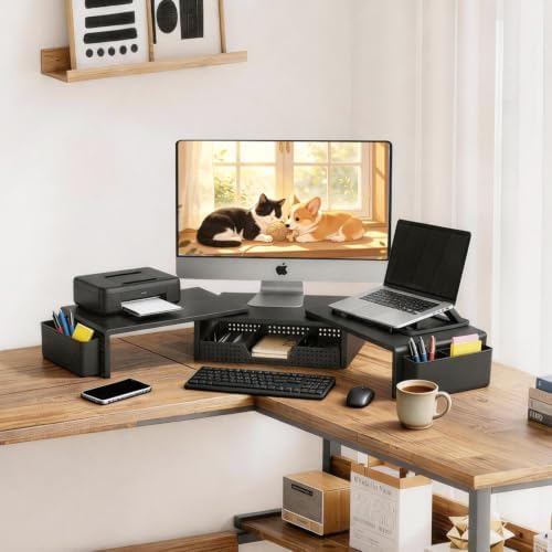LEKETREE Dual Monitor Stand Riser with Drawer and 2 Pen Holders, Black - Image 2