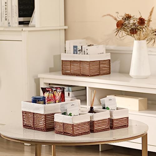 Vagusicc Wicker Storage Basket, Hand-Woven Paper Rope Woven Baskets, Rectangular Small Wicker Baskets for Organizing, Cube Storage Bins for Closet/Clothes/Dresser, Brown, 5-Pack - Image 2