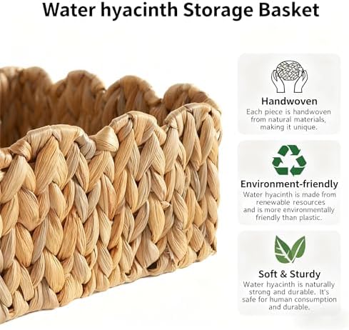 Scalloped Basket, Wicker Storage Baskets, Hand Woven Baskets for Shelves,Natural Baskets for Organizing (Water Hyacinth&M-14" L x 10.5" W x 6" H) - Image 3