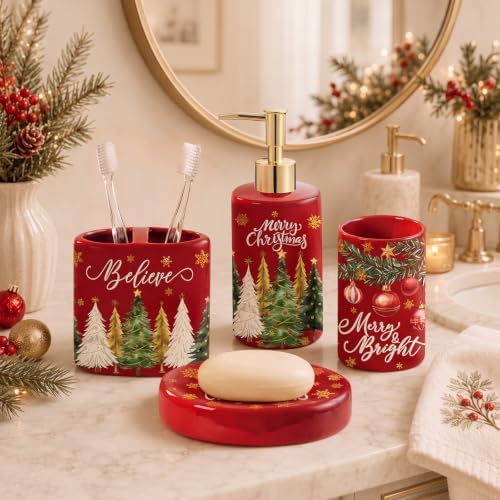 4 Pcs Christmas Ceramic Bathroom Accessories Gifts Xmas Tree Bath Tumbler Soap Dispenser Toothbrush Holder Soap Tray Merry Xmas Bathroom Decorations(Red Merry Christmas) - Image 4