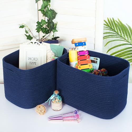 MINTWOOD Design 3-Pack Decorative Woven Storage Baskets for Shelves, Cube Bin Box for Organizing Books, Shoes, Dog Toys, Pantry Closet and Living Room Organizer, Navy Blue - Image 3