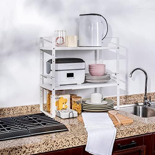 Across-Star Expandable Cabinet Shelf Organizer Rack, Stackable Kitchen Counter Storage Shelves Stand, Adjustable Height Pantry Shelf Spice Rack (White, 2 Pack) - Image 2