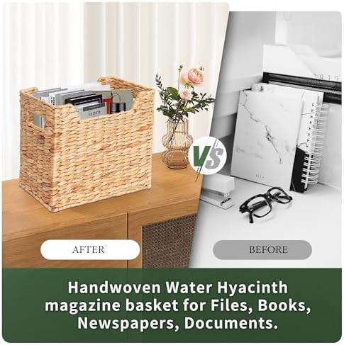 Magazines Holders, Handwoven Magazine Basket for Bathroom, Water Hyacinth Wicker Magazine Rack for Books, Files, Newspapers, Rectangular, 14.2 x 11.4 x 6.7 inch - Image 4
