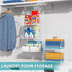 5 Tier Closet Hanging Organizer, Clothes Hanging Shelves with 4 Hanging Hooks 5 S Hooks, Wire Storage Basket Bins, for Clothing Sweaters Shoes Handbags Clutches Accessories Patent Design-White - Image 6