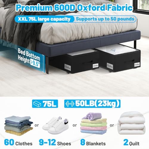 Under Bed Storage with Wheels, 3-Pack 10" Height XXL 75L Rolling Storage Bins, Quick Assembly Underbed Shoe Storage Containers with Clear Lid & Label, Dorm Under Bed Drawers for Clothes, Shoes, Black - Image 2