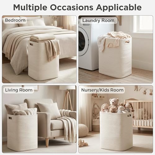 MEGASKET Large Laundry Hamper 16"x13"x22" - Tall Woven Laundry Basket, Cotton Rope Dirty Clothes Hamper, Baby Kids Nursery Wicker Laundry Basket, Bedroom Aesthetic, Soft Laundry Bin, White Hamper, 75L - Image 7