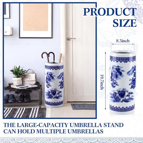 Sawysine Blue and White Ceramic Umbrella Stand, Floral Design Floor Vase for Entryway Indoor Decorative, 19.7" Heavy Porcelain Holder for Umbrellas Canes Home Decor(19.7 Inch,Landscape) - Image 2