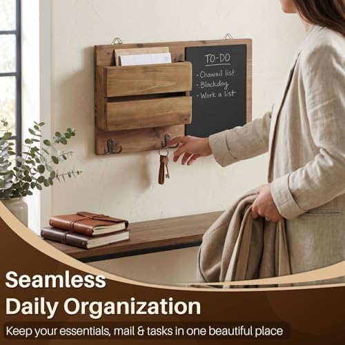 Flexzion Chalkboard Key Holder Wall Mount, Mail Organizer with Wood Shelf - Image 2