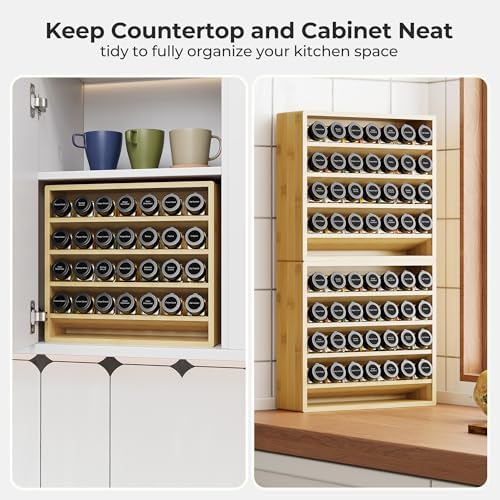 Orimade 4 Tier Spice Rack Organizer for Cabinet with 28 Plastic Spice Jars, Freestanding Bamboo Seasoning Rack for Countertop, Cupboard, Pantry, Kitchen, 13.18 x 4.13 x 12.2 inches - Image 2