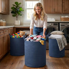 Large Cotton Rope Laundry Basket 80L, Navy Blue Woven Storage Basket with Handles, Decorative Clothes Hamper for Bedroom Living Room, Tall Blanket Basket for Towels Pillows, Modern Organization - Image 6
