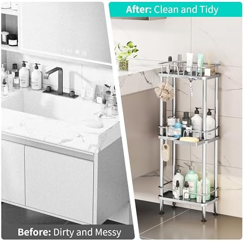 HapiRm Standing Corner Shower Caddy - 3 Tier Corner Shower Organizer with Soap Holder, Rustproof Stainless Steel Bathroom Shelf with 4 Hooks, Silver - Image 6