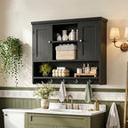 Bathroom Wall Cabinet with Doors and Hooks, 3-Tier Wall Mounted Cabinet - Image 2