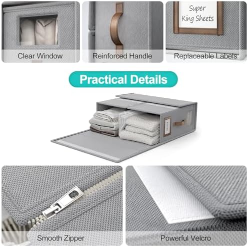 4 Pack Foldable Bed Sheets Set Organizers and Storage(Cal King Size),Linen Fabric Closet Organizers with Window,Folding Bedding Storage Box for Bedsheets and Pillow Cube Organizer-Gray - Image 3