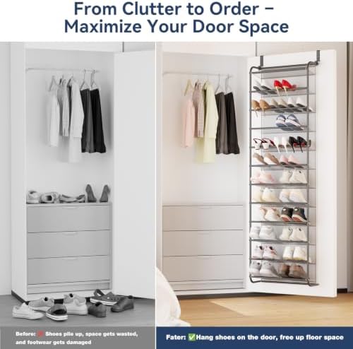 Whitmor 36 Pair Over the Door Shoe Rack,12 Tier Hanging Shoe Organizer with Metal Frame & Mesh Shelves, Heavy Duty Shoe Storage Holder for Door, 74" H x 21.7" W x 7.5" D, Gunmetal Gray - Image 6