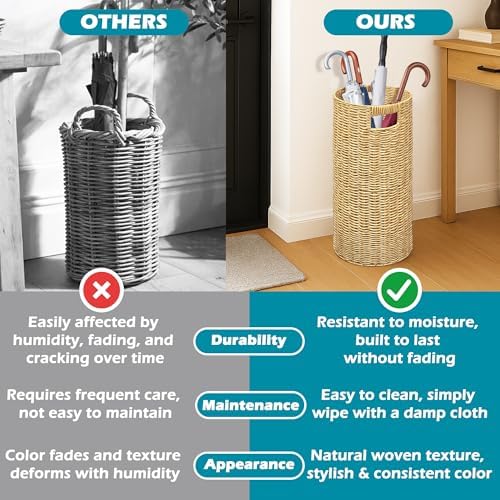Rattan Umbrella Holder 21" H X 10" D, Handmade Wicker Umbrella Stand Indoor with Dip Tray, Sturdy Umbrella Holders for Entryway, Umbrella Bucket Fits Mudroom,Walking Canes,Home,Office (Oak) - Image 6