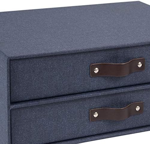 Bigso Birger 2-Drawer Canvas Fiberboard Easy Pull Handle Document Letter Box | Desktop Drawers for Loose Papers and Documents | Desktop Storage Drawers with Leather Handles | 13.1” x 10” x 5.7” | Blue - Image 5