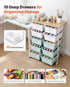 VEVOR Rolling Cart with Drawers, Double Row 10 Drawer Storage Organizer, Mobile Utility Cart, Wood Top, Steel Frame, Universal Casters & 2 Brakes, for Office, Classroom, Craft Room, Studio, Blue White - Image 2