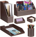 Ayunga PU Leather 6-piece Office Supplies Combination Set,Pencil Cup,Business Card Holder,Sticky Note Dispenser,Mail Sorter,Letter Tray,Files Holder,Suitable for Self-use and Friend Gifts (Brown) by Ayunga