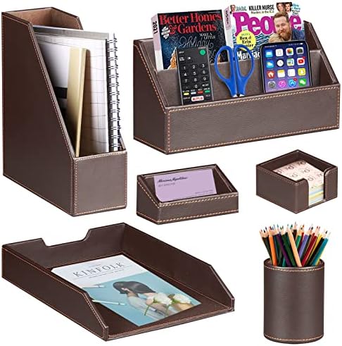 Ayunga PU Leather 6-piece Office Supplies Combination Set,Pencil Cup,Business Card Holder,Sticky Note Dispenser,Mail Sorter,Letter Tray,Files Holder,Suitable for Self-use and Friend Gifts (Brown) by Ayunga