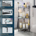 Consumest Corner Shower Caddy Stand - 3 Tier Shower Organizer with Soap Holder, Tall Floor Corner Shelf Standing with Adjustable Feet & 4 Hooks, Storage Rack for Bathroom Grey - Image 4