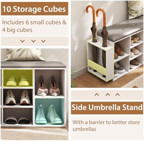 Tangkula Shoe Storage Bench with Umbrella Stand, 10-Cube Entryway Bench with Adjustable Shelf & Padded Cushion, Cubby Shoe Rack Organizer for Bedroom & Checkroom, Rustic Brown & Black (White) - Image 6