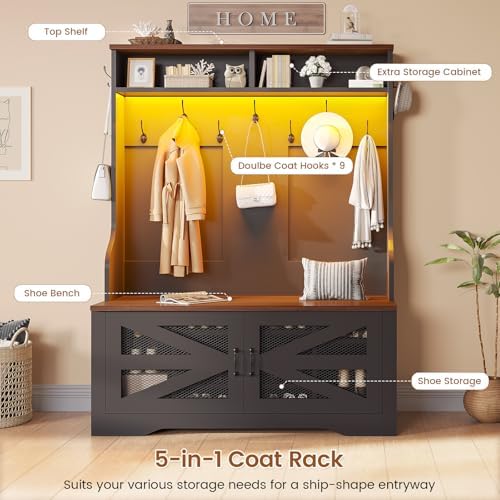 Itaar Hall Tree with Bench and Shoe Storage, 5-in-1 Entryway Bench with Coat Rack, 10 Shoe Cubbies & 9 Coat Hooks, Barn Door & Adjustable Shelf (Black) - Image 3