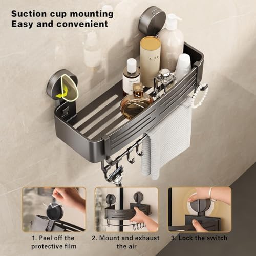 VOLPONE Shower Caddy Suction Shower Shelf No Drilling Shower Organizer Suction Cup Shower Storage Rack Aluminum Wall Mounted Shampoo Holder with Towel Bar Hooks (3-Pack, Matte Gray) - Image 5