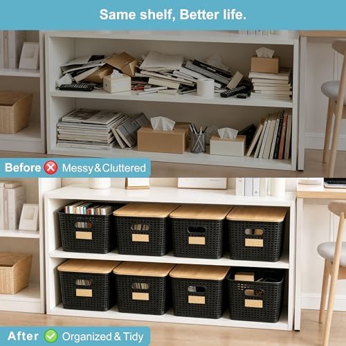 Bagnizer 2 Pack Tall Plastic Storage Bins with Bamboo Lids, 10.8qt Stackable Storages Baskets for Organizing Desktop Closet Playroom Classroom Office, 12"L x 8.3"W x 6.1"H, Black - Image 7