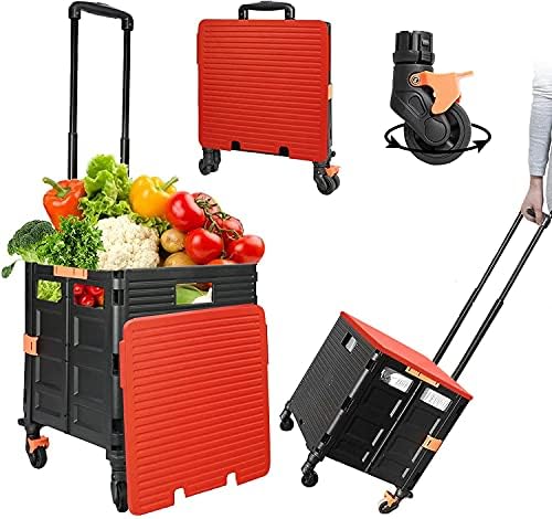 Quick Utility Cart Folding Portable Rolling Crate Handcart with Durable Heavy Duty Plastic Telescoping Handle Collapsible 4 Rotate Wheels for Travel Shopping Moving Luggage Office Use (Black&red lid) - Image 5