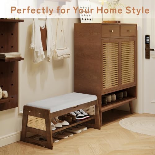 Shoe Rack Bench with Flip-Top Storage, 35.4" W x 15.7" H Solid Wood Entryway Bench Shoe Organizer with Cushion Side Hooks for Front Door Entrance Hallway Foyer Closet Living Room Bedroom - Image 6