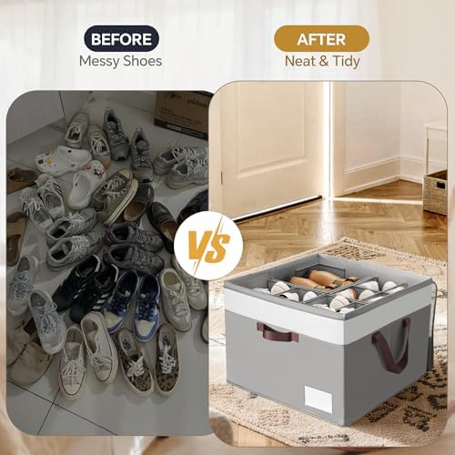Criusia Shoe Organizer for Closet, 2 Pack Foldable Shoe Storage Organizer Box Bin with Adjustable Dividers and Clear Cover, Closet Shoe Storage for Sneakers Sandals Boots, Fit 16-32 Pairs, Gray - Image 2