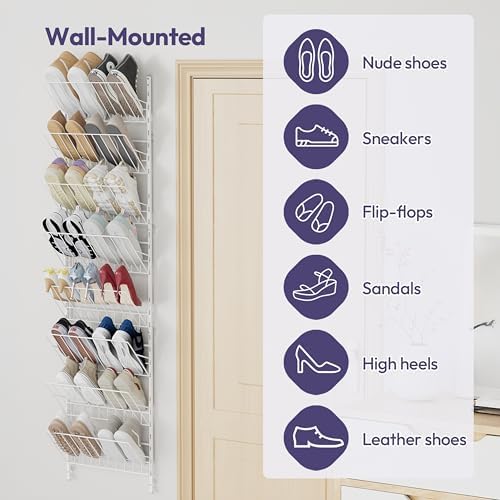 SWTYMIKI Over the Door Shoe Organizer - Adjustable 8 Tier Hanging Shoe Rack Organizer, Metal Heavy Duty Behind Door Storage or Wall Mount Shoes Shelf for Flats, Heels, Sneakers, Boots, White - Image 4