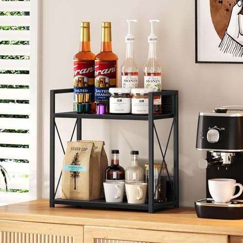 Giikin Kitchen Countertop Organizer, 2 Tier Coffee Bar Organizer, Black Spice Rack for Counter, Kitchen Counter Shelves, Particleboard,15.8" L x 7.9" W x 15.8" H (Black, L) - Image 7