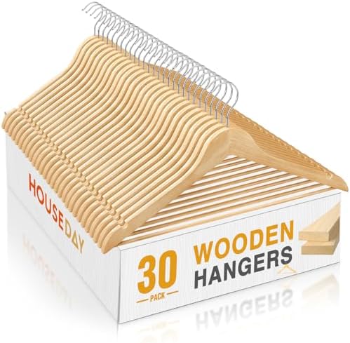 HOUSE DAY Slim Wooden Hangers 30 Pack, Solid Wood Hanger with Non Slip Shoulder Notches & Pant Bar, Smooth Finish Wood Clothes Hangers for Shirts, Suits, Jackets, Natural by HOUSEDAY