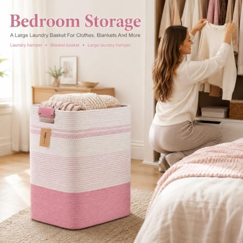 Laundry Hamper, Cotton Rope Laundry Basket with Leather Handles, 22.5-Gallon/85 L Large Clothes Hampers for Laundry, Woven Laundry Baskets for Blankets, Clothing, Bedroom, Living Room, Nursery - Image 4