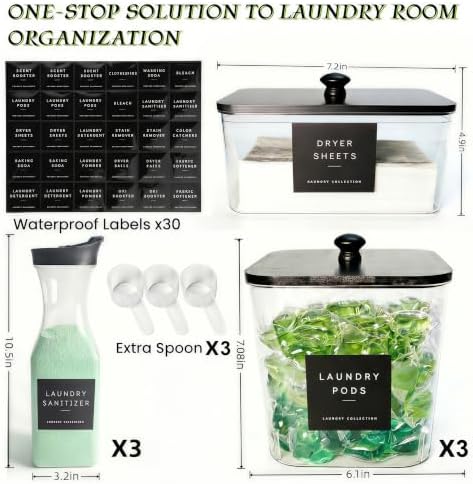4+3 Pack Laundry Pods Containers & Dryer Sheet Holder & Laundry Detergent Dispenser, Laundry Room Organization and Storage Jars with Lids, Labels and Scoops for Scent Booster, Powder, Pods - Image 2