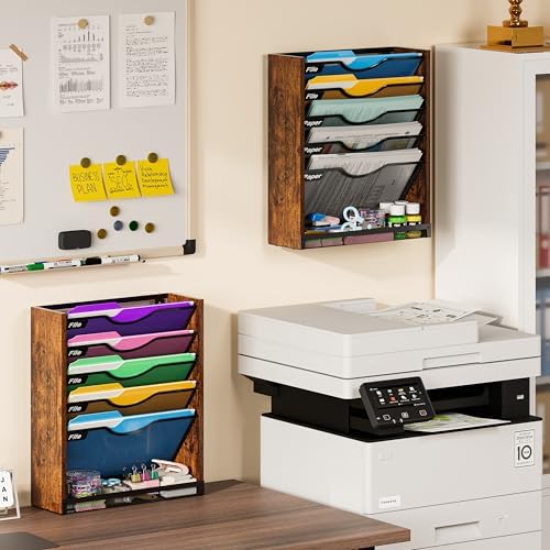6-Tier Wall File Organizer with Bottom Tray, Ironwood Mail Organizer Wall Mounted with Metal Mesh, Document Organizer for Paper, Folder, Magazine, Office Desk Accessories for Home Cubicle Countertop - Image 2