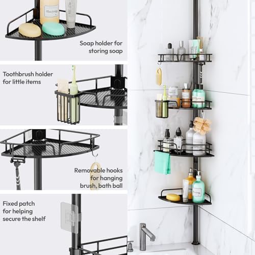 SWTYMIKI Shower Caddy Tension Pole - 4-Tier Corner Shower Organizer Tension Rod, Toothbrush Holder & 4 Hooks, Adjustable Stainless Steel Bathroom Organizer 27.6 to 108.3 inch, Black with Towel Bar - Image 6