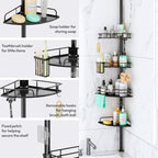 SWTYMIKI Shower Caddy Tension Pole - 4-Tier Corner Shower Organizer Tension Rod, Toothbrush Holder & 4 Hooks, Adjustable Stainless Steel Bathroom Organizer 27.6 to 108.3 inch, Black with Towel Bar - Image 6