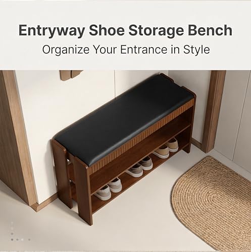 Shoe Bench with Cushion, Solid Wood 2 Tier Adjustable Storage Shoe Bench Rack for Entryway, Bedroom, Closet, Living Room, Hallway - Image 7