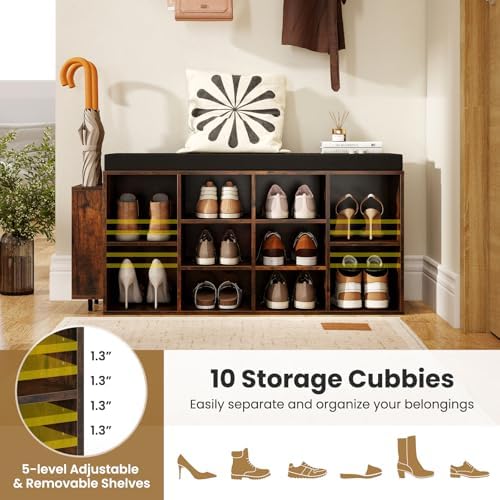 GIANTEX Shoe Storage Bench with Umbrella Stand, 10-Cubby Entryway Shoe Rack Organizer with Padded Seat, Adjustable & Removable Shelves for Hallway, Living Room & Bedroom (Rustic Brown) - Image 4
