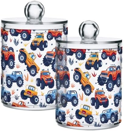 4 Pack Qtip Holder Dispenser with Lids,Cute Monster Trucks Plastic Storage Containers,Bathroom Canisters Organizer for Cotton Ball,Cotton Swab,Cotton Round Pads,Floss 21219995 - Image 7
