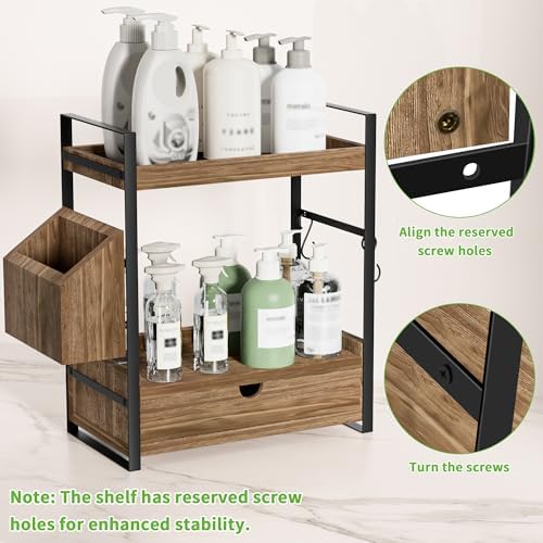 2-Tier Bathroom Counter Organizer, Wooden Vanity Shelf with Drawer & Basket - Image 5