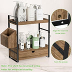 2-Tier Bathroom Counter Organizer, Wooden Vanity Shelf with Drawer & Basket - Image 5