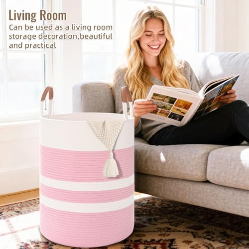 Large Laundry Basket, Laundry Hamper with Leather Handles, 60L Woven Dirty Clothes Hamper, Rope Hampers for Bedroom, Barthroom, Pink - Image 3