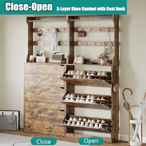 Shoe Cabinet for Entryway with 3 Flip Drawers, Brown Tall Wood Shoe Storage Cabinet with Coat Rack, Narrow Hidden Slim Freestanding Shoe Rack Organizer, 2 in 1 Hall Tree for Living Room, Hallway - Image 5