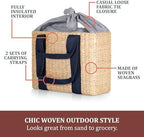 Picnic TIME Parisian Picnic Basket, Insulated Seagrass Picnic Basket, Waterproof, Stylish, Perfect for Picnics, Beach, Office Lunches, Dinner Parties, and Gifts (Beige with Navy Blue Accents) - Image 6