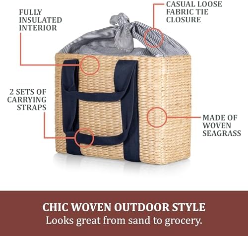 Picnic TIME Parisian Picnic Basket, Insulated Seagrass Picnic Basket, Waterproof, Stylish, Perfect for Picnics, Beach, Office Lunches, Dinner Parties, and Gifts (Beige with Navy Blue Accents) - Image 6